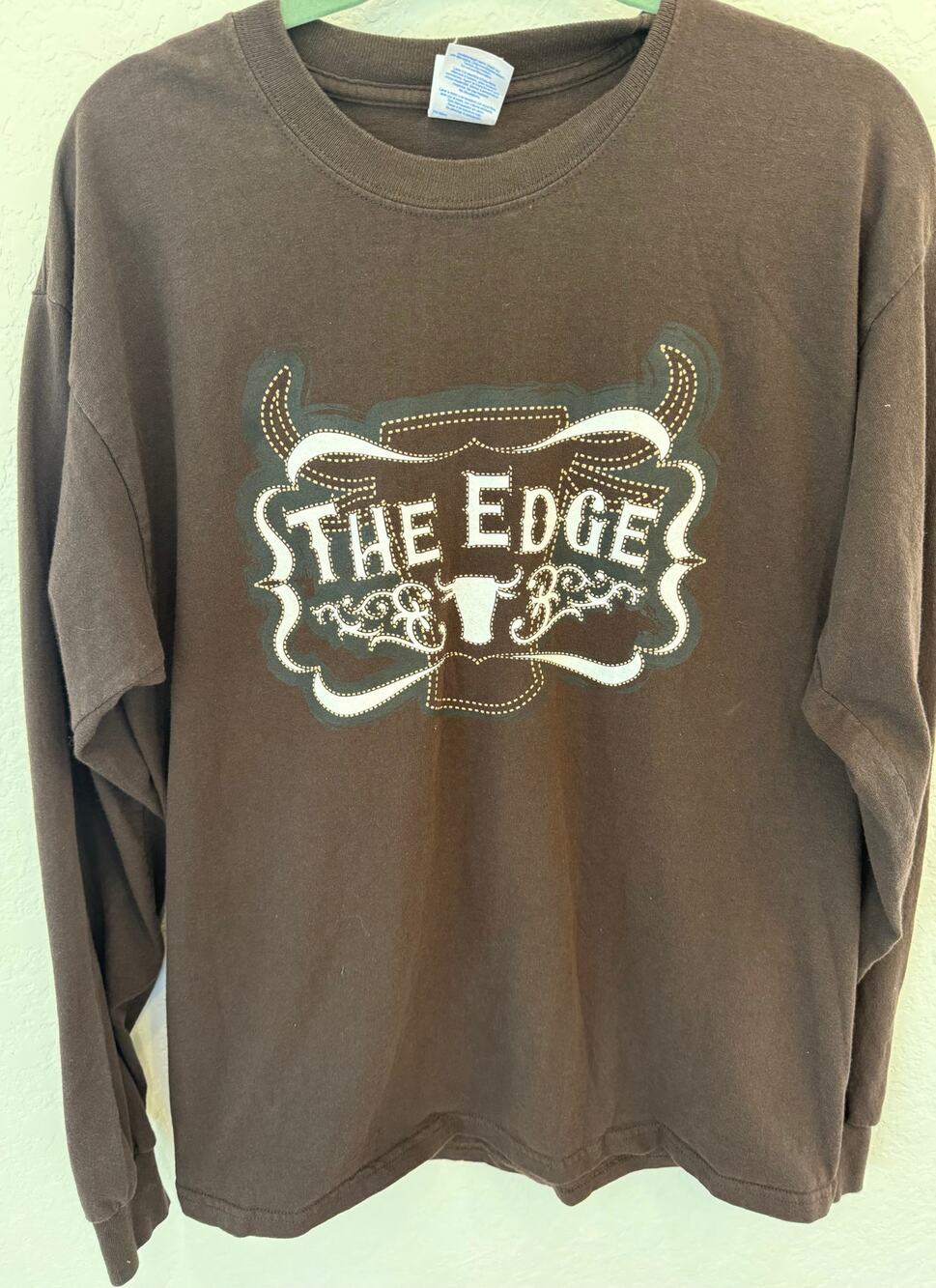 The Edge Western Bull Skull Long Sleeve Mens Brown T Shirt Gildan Heavyweight L